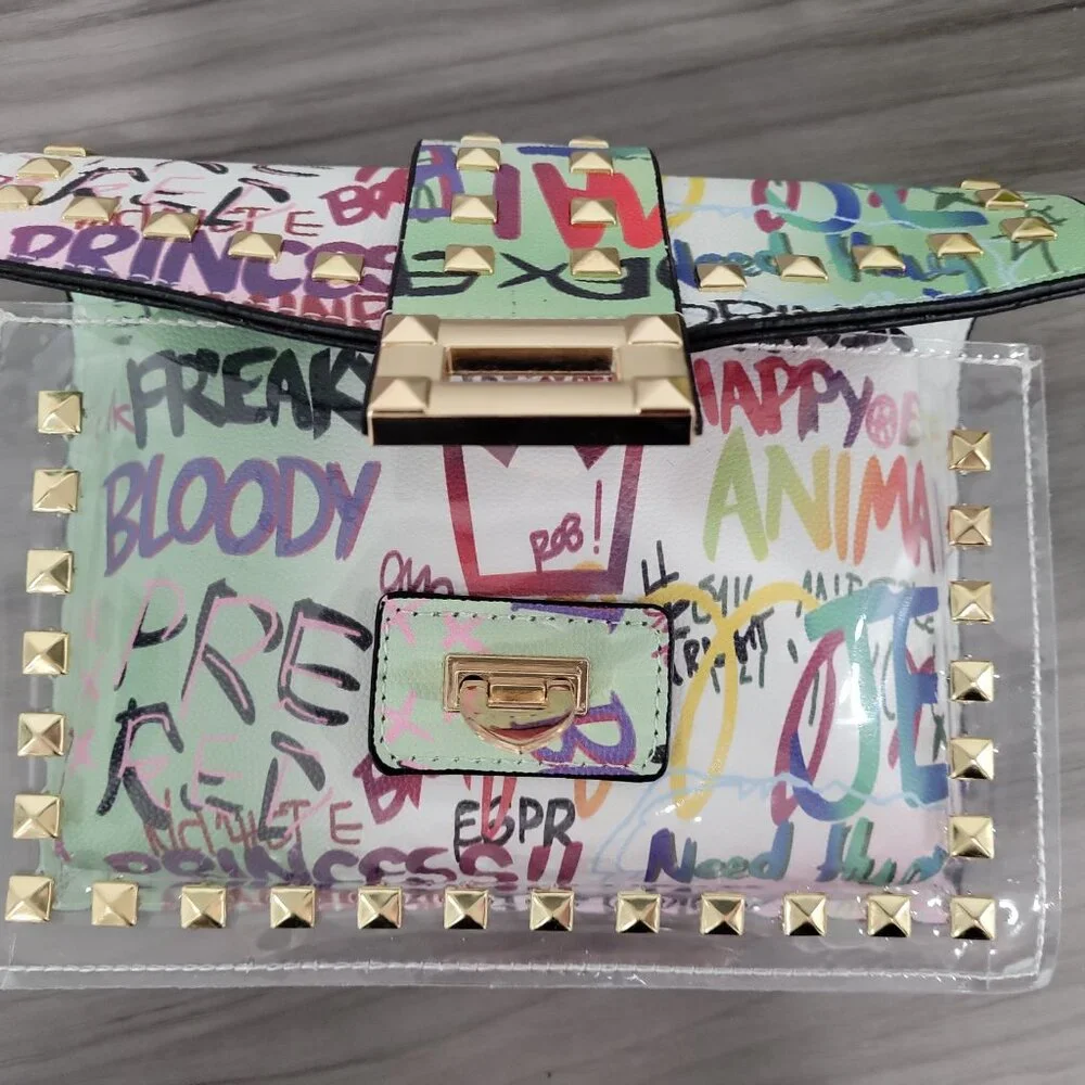 🎁 Graffiti Print Clear 2pc Crossbody Clutch w/ Studs & Removable Zippered Pouch - Picture 12 of 13